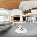 Modern Double Height Living Dining Room With Warm Wood Accents And Comfortable Sofa Interior Design