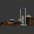 Daily Life Items Including Guitar Camera Suitcase And Boots On Wooden Floor