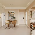 Modern Dining and Living Room Interior With Wooden Table Chairs Pendant Lights And Wall Art
