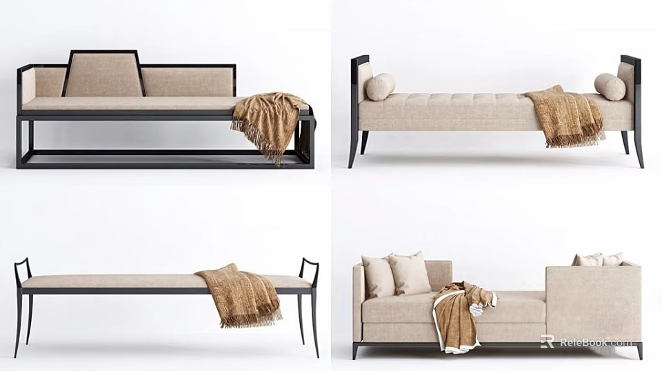Modern Upholstered Ottoman With Cushions Throw Blanket And Metal Frame Design 3d model 