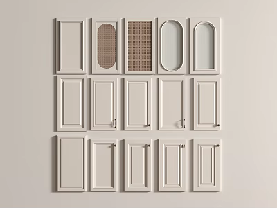 White Door Panels with Various Designs Including Rectangular Oval and Grid Arranged on Wall 3d model