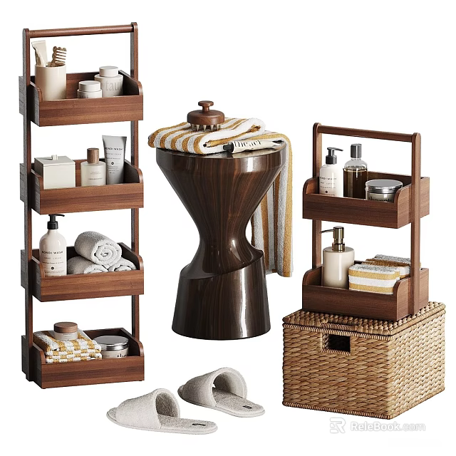 Wooden Bathroom Storage Shelves With Towels Toiletries And Wicker Basket 3d model 