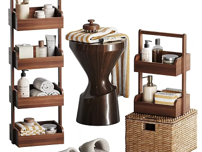 Wooden Bathroom Storage Shelves With Towels Toiletries And Wicker Basket 3d model
