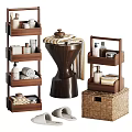 Wooden Bathroom Storage Shelves With Towels Toiletries And Wicker Basket