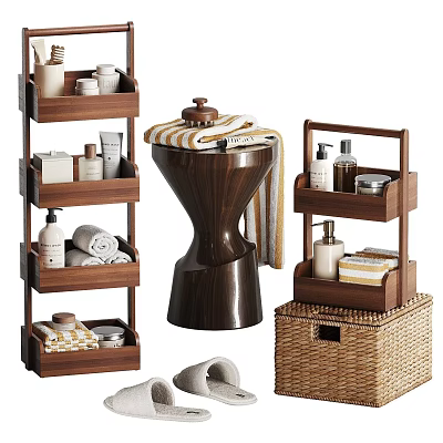 Wooden Bathroom Storage Shelves With Towels Toiletries And Wicker Basket 3d model