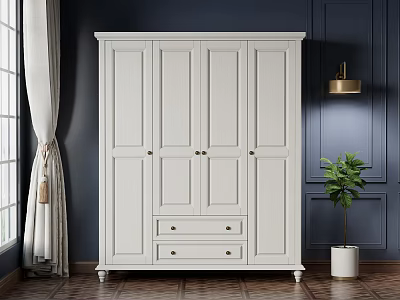 White Wardrobe in Room with Dark Blue Walls Wooden Floor Curtains and Potted Plant 3d model