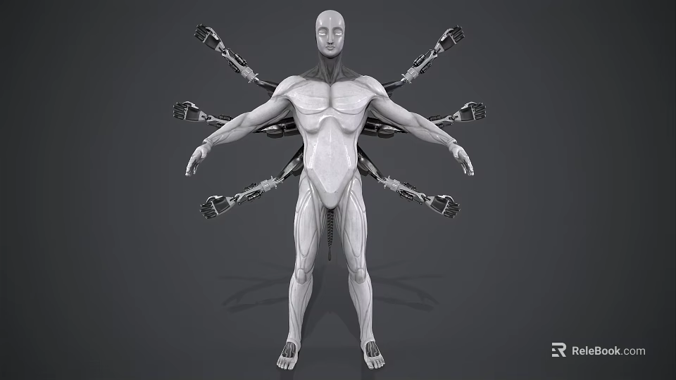 Game Movie Character With White Humanoid Figure And Multiple Mechanical Arms 3d model 