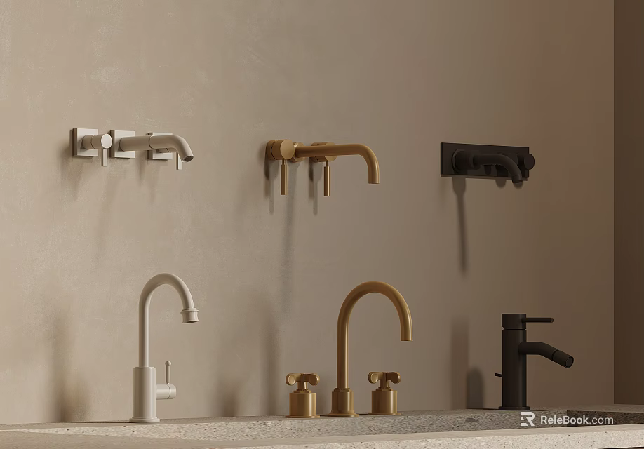 Various Modern Faucets Featuring Wall Mounted And Countertop Types In White Gold Black 3d model 