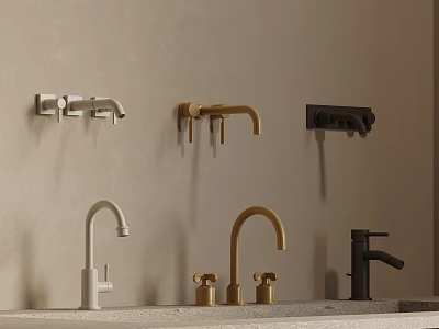 Various Modern Faucets Featuring Wall Mounted And Countertop Types In White Gold Black 3d model