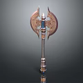 Ornate Decorative Axe With Intricate Engravings And Gemstone Accent On Metal Handle
