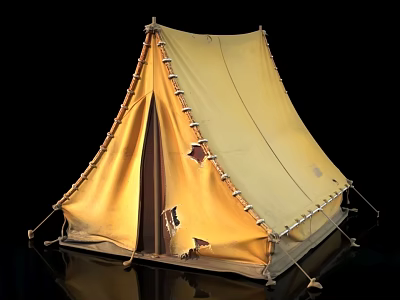 Vintage Yellow Conical Tent with Torn Fabric and Ropes on Black Background 3d model