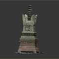 Ancient Bronze Pagoda With Multi Tiered Structure Square Base And Intricate Carvings On White Pedestal