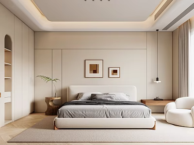 Modern Minimalist Bedroom With Soft Tones Framed Artworks Bed Potted Plant And Armchair 3d model