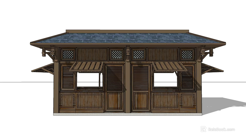 Traditional Wooden Building With Tile Roof Lattice Windows And Awning Design 3d model 