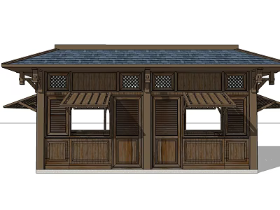 Traditional Wooden Building With Tile Roof Lattice Windows And Awning Design 3d model