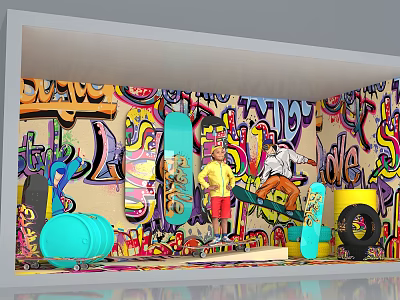 Vibrant Street Art Window Display With Colorful Graffiti Walls Skateboards Figure And Barrels 3d model