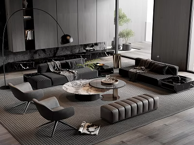 Modern Living Room Sofa Coffee Table Set With Grey Upholstery Accent Chairs And Floor Lamp 3d model