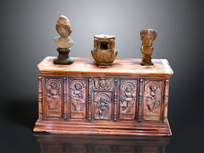 Antique Wooden Cabinet Featuring Carved Designs With Two Small Busts And Pottery Jar On Top 3d model