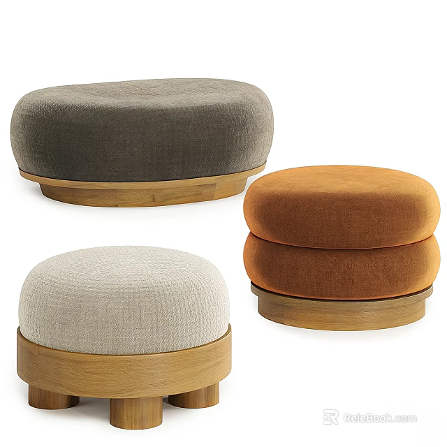 Sofa Stools With Different Colors And Fabric Upholstery On Wooden Bases 3d model 