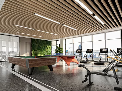 Modern Fitness Gym With Treadmills Weight Racks Pool Table Large Windows And Green Plant Wall 3d model