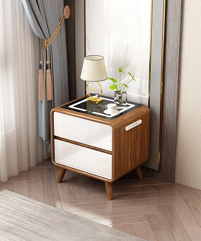 Wooden Modern Bedside Table With Double White Drawers And Table Lamp Green Plant Teacup Tray 3d model