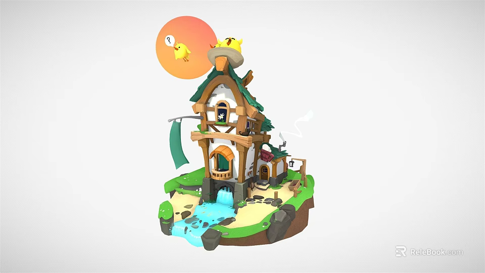 Cartoon Scene With Small Wooden House Chickens On Roof Sun Waterfall Green Grass And Stones 3d model 