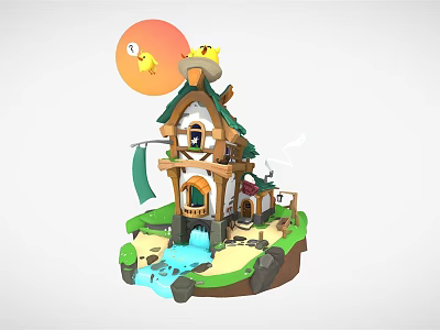 Cartoon Scene With Small Wooden House Chickens On Roof Sun Waterfall Green Grass And Stones 3d model