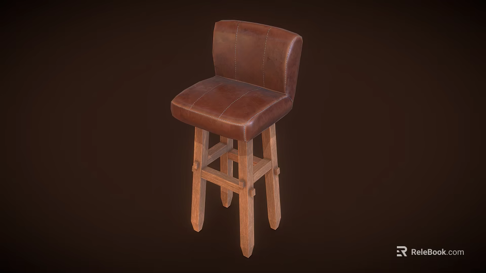 Rustic Brown Leather Bar Stool With Wooden Legs And Cushioned Seat 3d model 