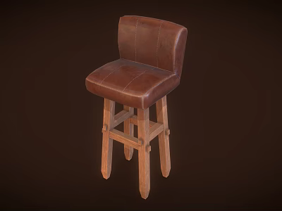 Rustic Brown Leather Bar Stool With Wooden Legs And Cushioned Seat 3d model