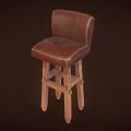 Rustic Brown Leather Bar Stool With Wooden Legs And Cushioned Seat