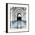 Framed Black and White Architectural Landscape Painting of Arched Corridor with Columns and Geometric Floor