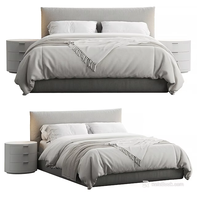 Modern Double Bed With Gray Comforter White Pillows And Nightstands In Bedroom 3d model 