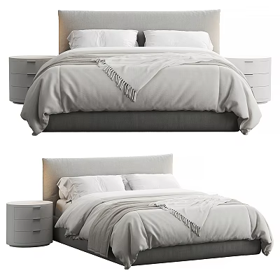Modern Double Bed With Gray Comforter White Pillows And Nightstands In Bedroom 3d model