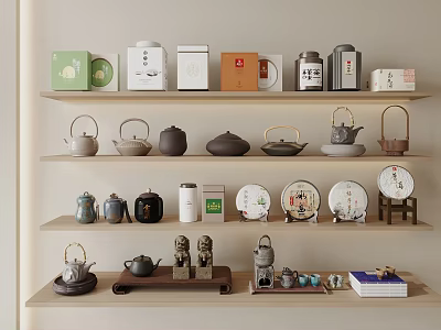Elegant Tea Ware Collection On Wooden Shelves Featuring Ceramic Teapots And Tea Packages 3d model