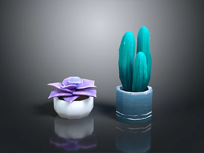 Purple Succulent in White Pot and Green Cactus in Blue Pot for Indoor Decor 3d model