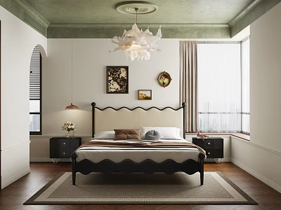 Modern Bedroom Interior With Green Ceiling Chandelier Decorative Art And Large Windows 3d model