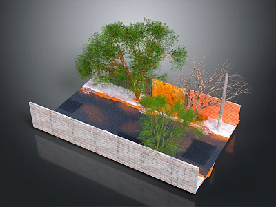 Scenic Garden Landscape Design With Stone Wall Water Feature Green And Bare Trees 3d model