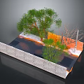 Scenic Garden Landscape Design With Stone Wall Water Feature Green And Bare Trees
