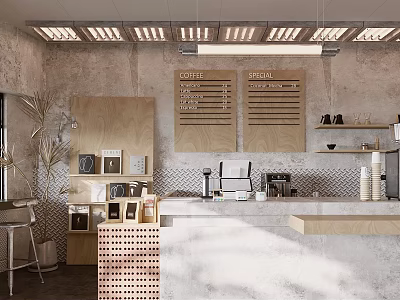 Industrial Style Cafe Interior With Concrete Walls Wooden Menu Boards Coffee Machines And Counter Seating 3d model