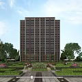 Modern High Rise Residential Building With Glass Windows Brick Facade And Green Trees