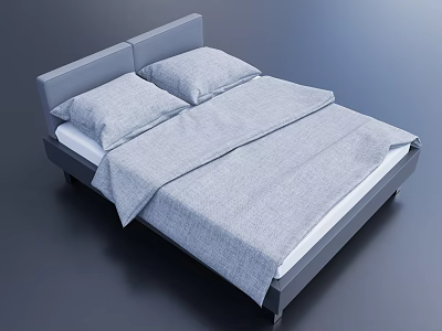 Modern Double Bed With Grey Headboard Two Pillows And Grey Blanket 3d model
