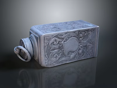Vintage Silver Square Container With Ornate Carved Patterns And Loop Handle 3d model