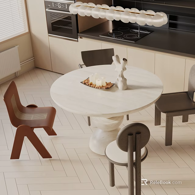 White Marble Round Dining Table Set with Brown Gray Chairs Decorative Figurine and Fruit Bowl 3d model 