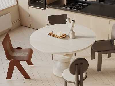 White Marble Round Dining Table Set with Brown Gray Chairs Decorative Figurine and Fruit Bowl 3d model