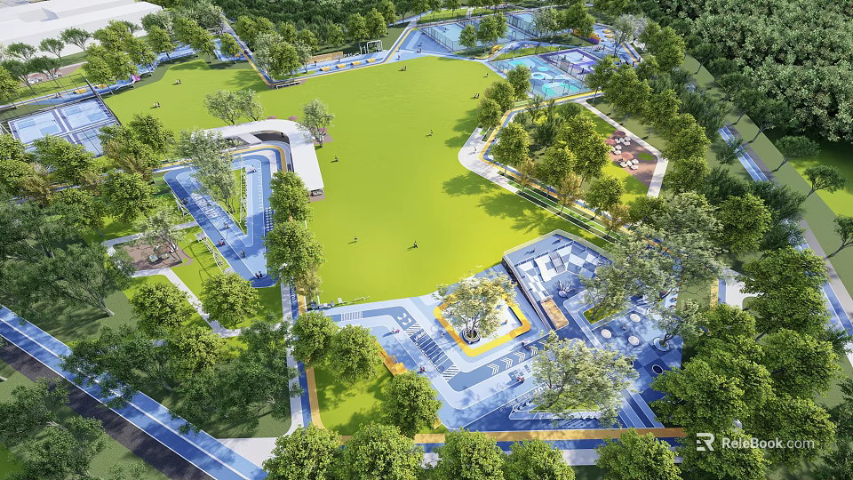 Spacious Garden Landscape Design With Green Lawn Lush Trees Water Features And Recreational Areas 3d model 