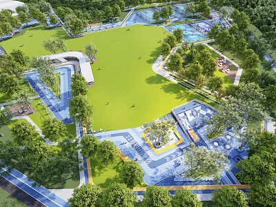 Spacious Garden Landscape Design With Green Lawn Lush Trees Water Features And Recreational Areas 3d model