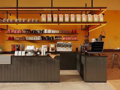 Modern Café Interior With Orange Walls Coffee Cups On Shelves Black Counter And Coffee Machine 3d model