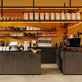 Modern Café Interior With Orange Walls Coffee Cups On Shelves Black Counter And Coffee Machine