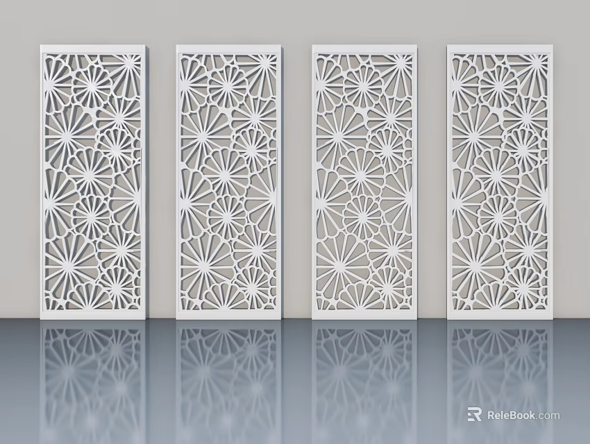 White Modern Swing Doors with Intricate Floral Cutout Patterns and Reflective Surface 3d model 