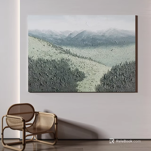 Textured Mountain Landscape Painting On Wall With Rattan Chairs In Interior 3d model 
